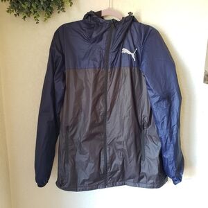 PUMA Windbreaker Dark Gray Blue Full Zip Hooded Jacket Mens Size Medium